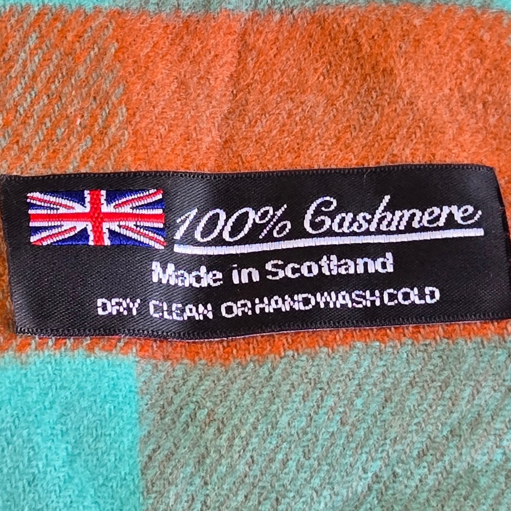 Unbranded Scarf Unisex Teal Orange Plaid 100% Cashmere Made in Scotland Fringe - Picture 3 of 5